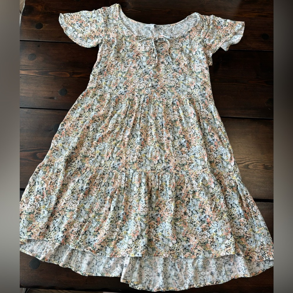 NWOT True Craft Juniors Dress Pastel Floral Tiered Front Tie Faux Buttons Large